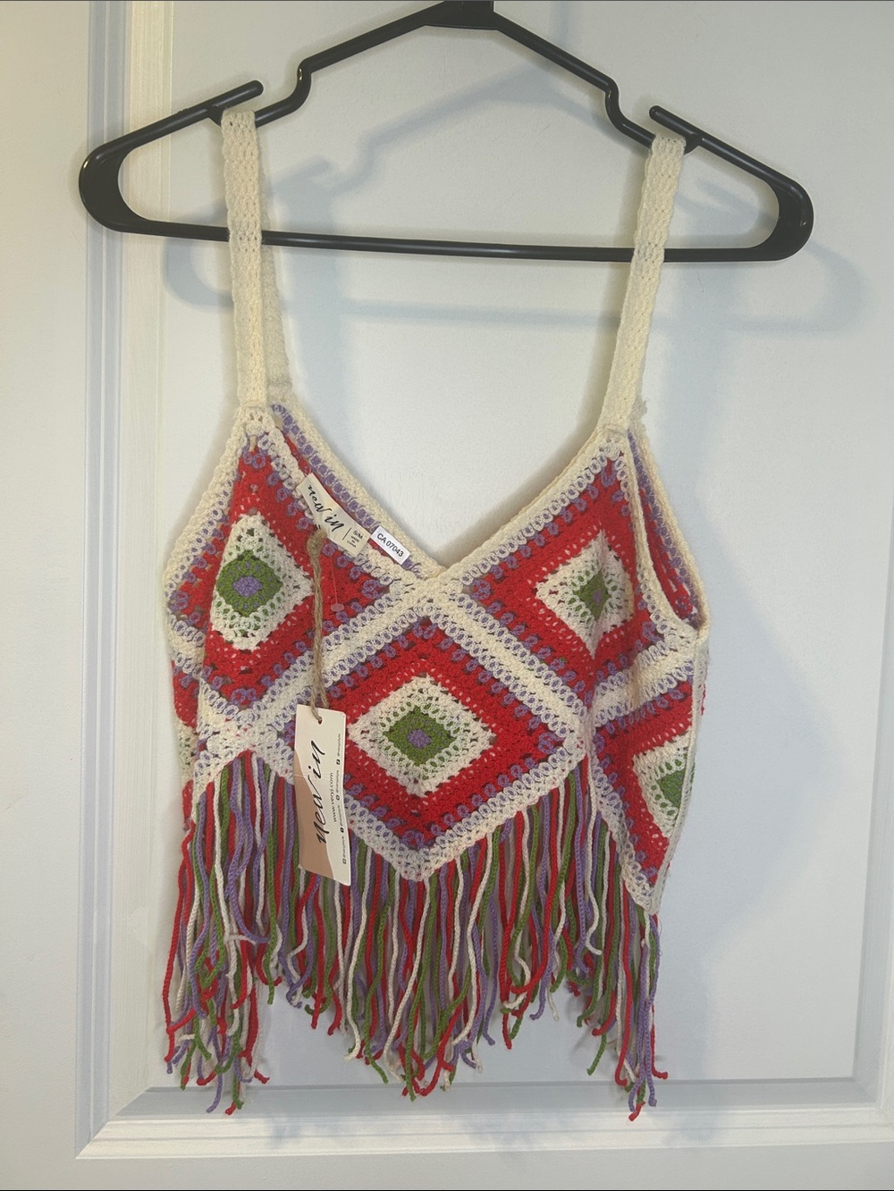Hand-Crocheted Fringe Camisole in Cream and Red